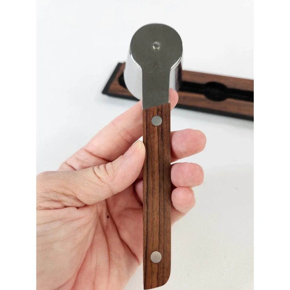 Vintage MCM Barware Cocktail Jigger Pourer Wooden Steel Handle Bar Holder Japan